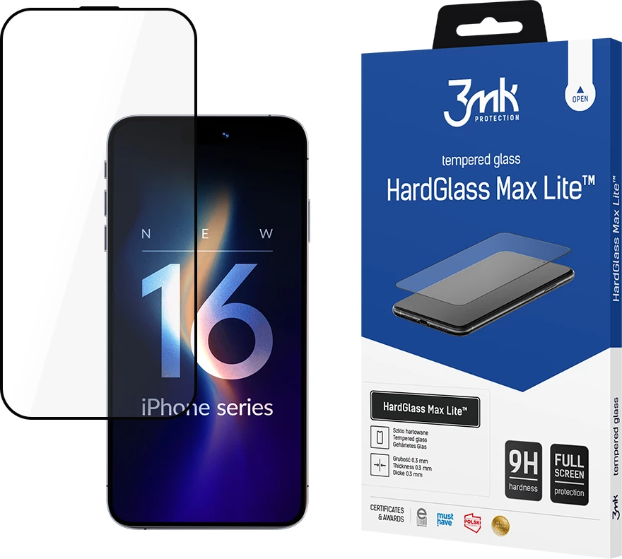 Xham i temperuar 3mk HardGlass Max Lite për iPhone 16 Pro Max, 0.3 mm, 9H, full screen, kornizë e zezë