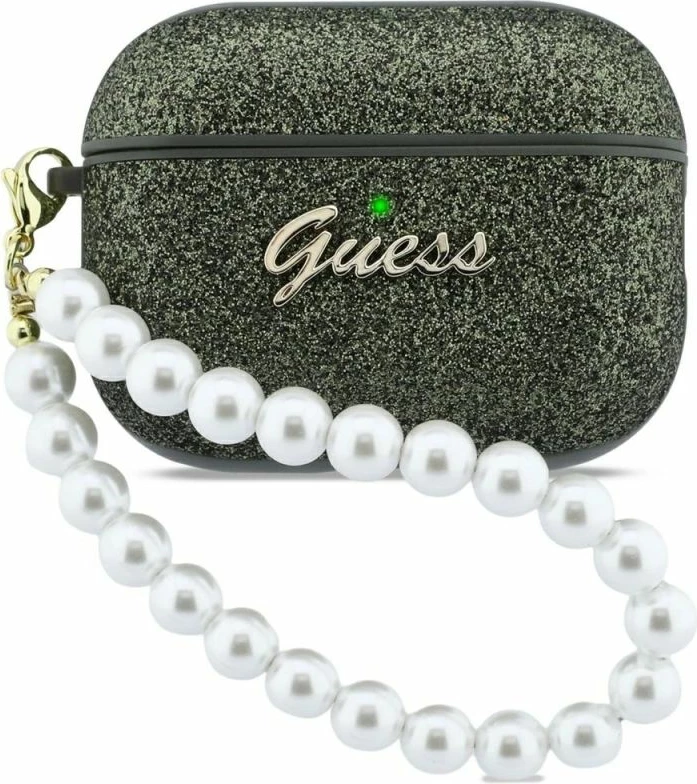 Kutí AirPods Pro 3 Guess Glitter Pearl Strap, e zezë me shkëlqim
