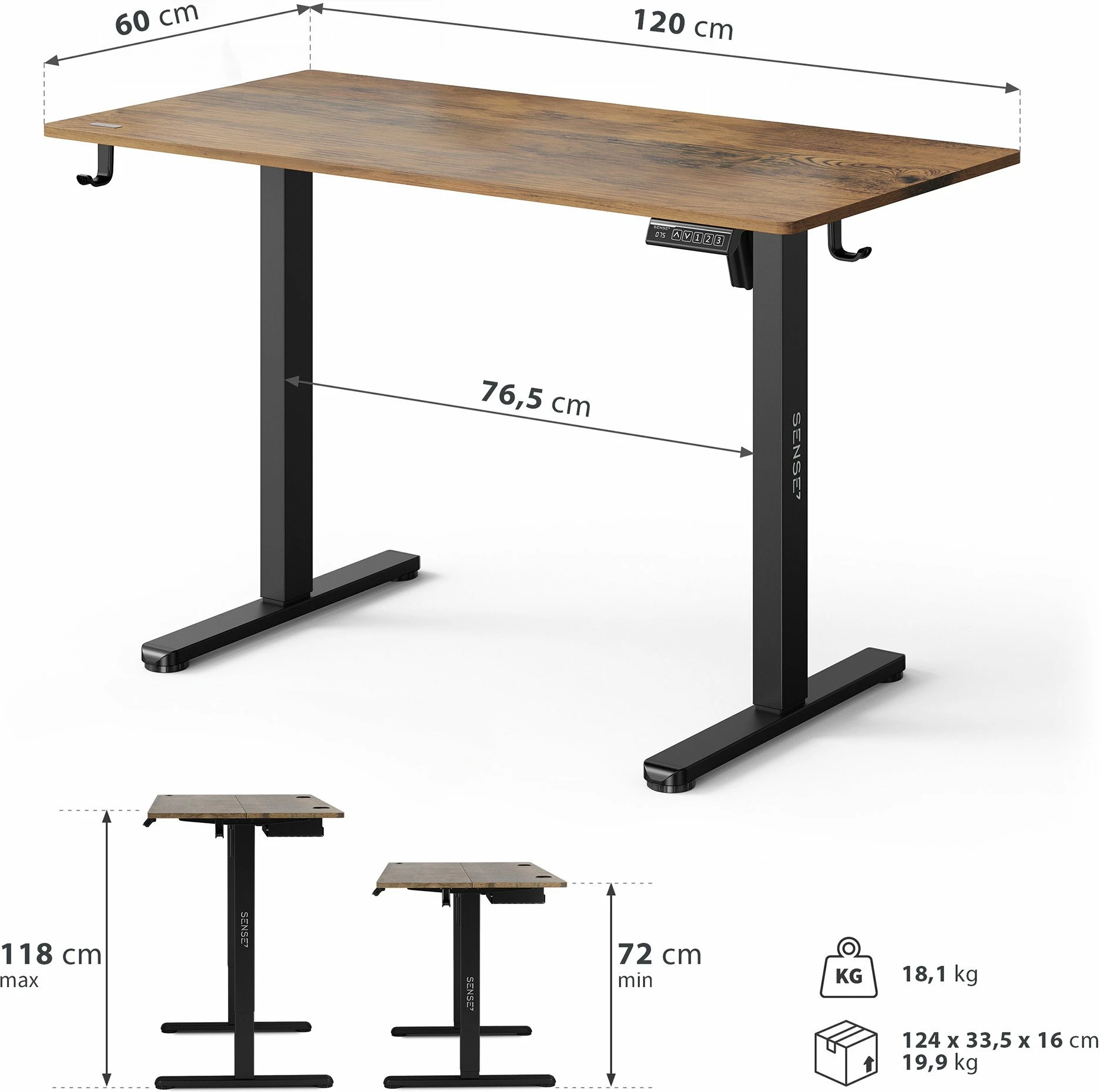 Tavolinë elektrike SENSE7 NOJO LIGHT 120x60 cm, rregullim lartësie 72-118 cm, kafe e errët