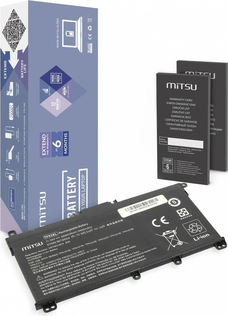 Bateri laptopi Mitsu për HP Pavilion 14 15, 3400 mAh, 11.55V, e zezë