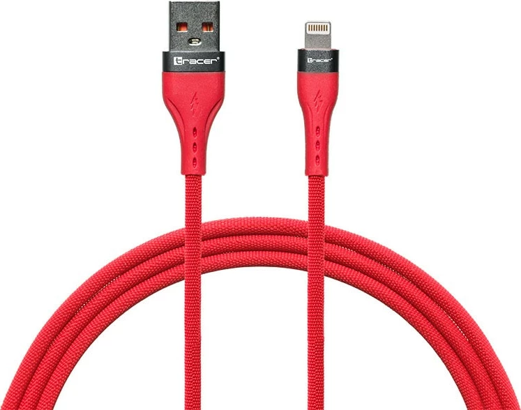 kabel USB-A në Lightning Tracer TRAKBK47492 1m 48W 480Mb/s me gërshet tekstili, i kuq