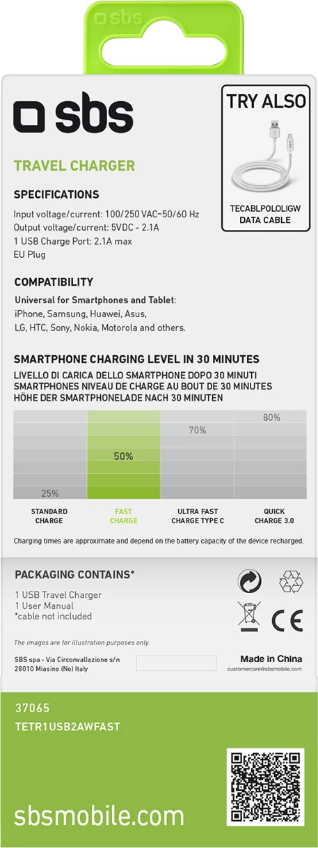 Karikues muri SBS TETR1USB2AWFAST, 10W, 1x USB-A, i bardhë