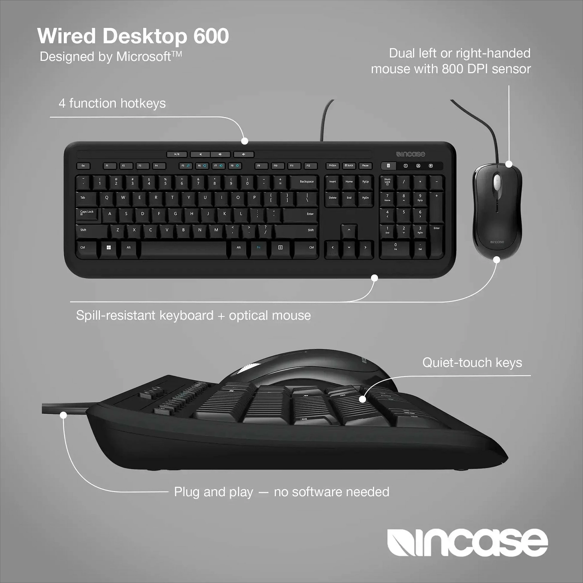 Set tastierë dhe maus Incase Desktop 600, USB me kabllo, layout UK QWERTY, i zi