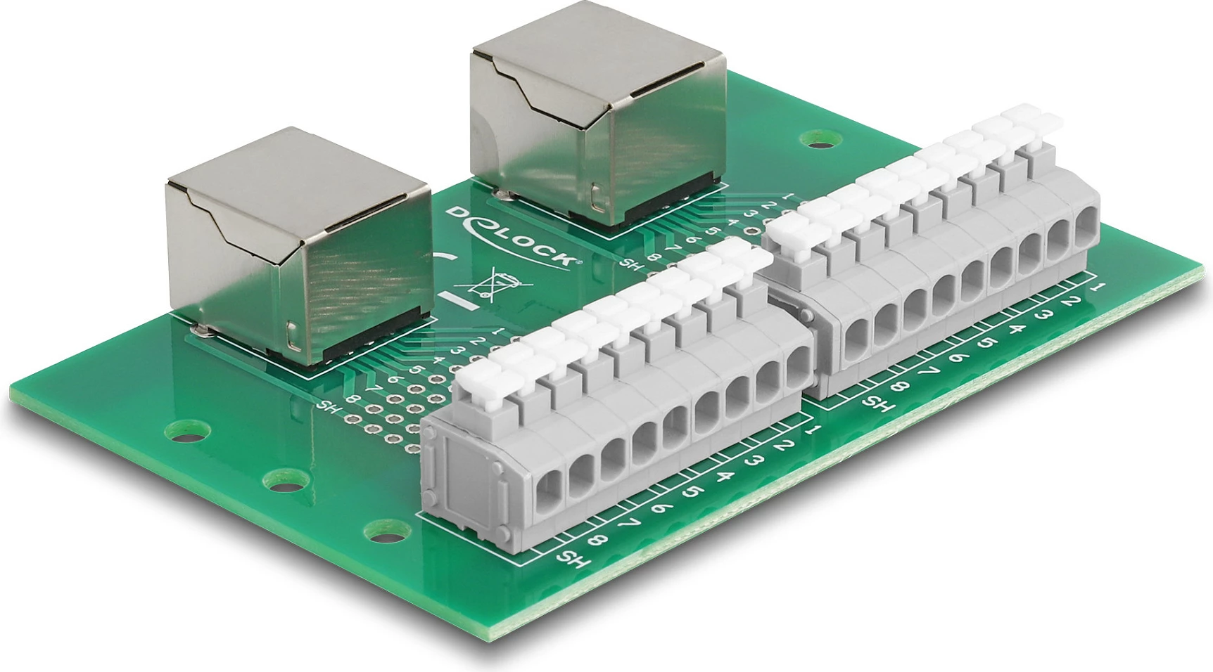 Adapter rrjeti DeLOCK RJ45 2x femër në 2x terminal block me push-button, montim DIN rail, 60x91x18 mm, gjelbër/hirtë