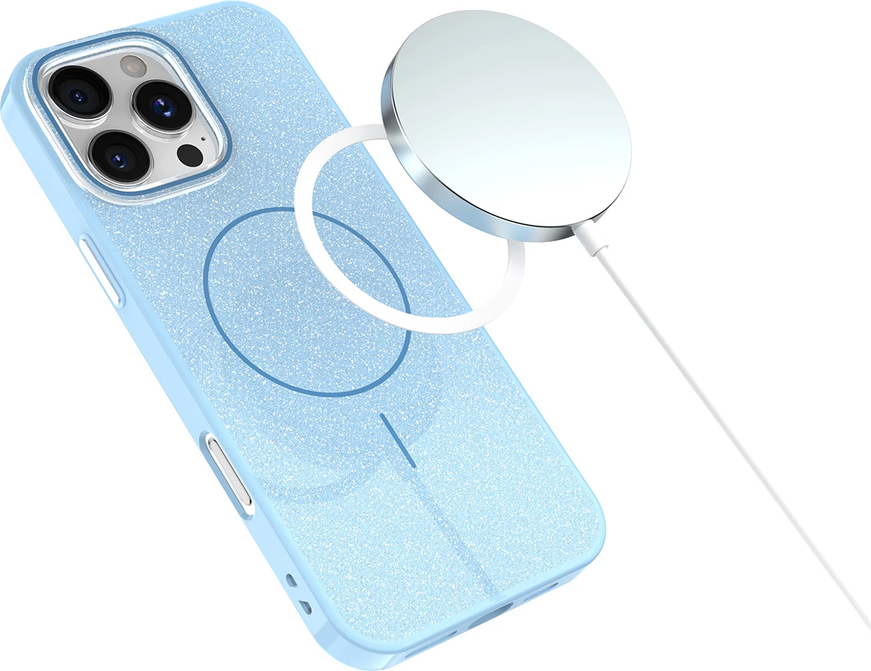 Mbështjellës ONASI Glitter Thin Mag MPN 23765 për iPhone 17, MagSafe, 2 mm, glitter, e kaltër