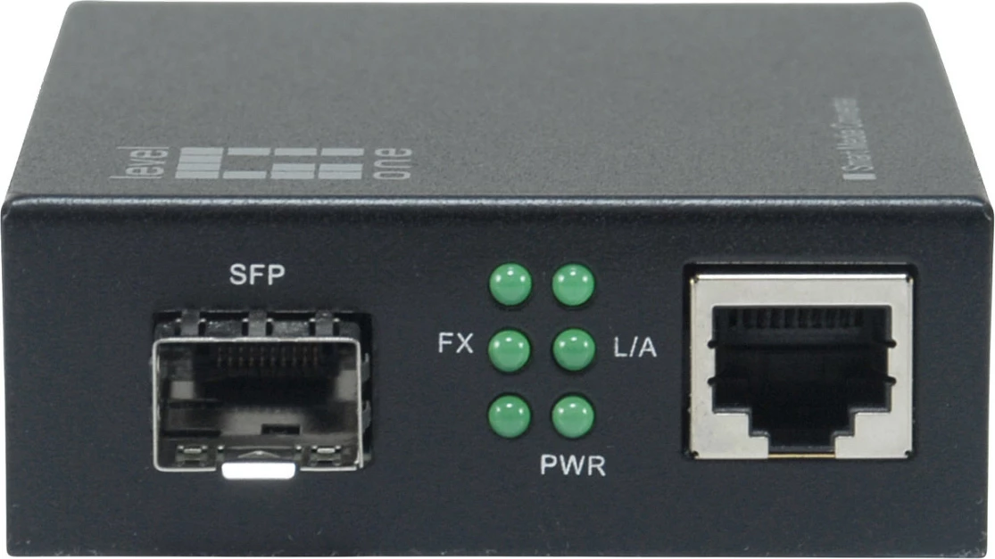 Media konverter LevelOne RJ45 në SFP GE, Gigabit Ethernet, 19" Smart, i zi
