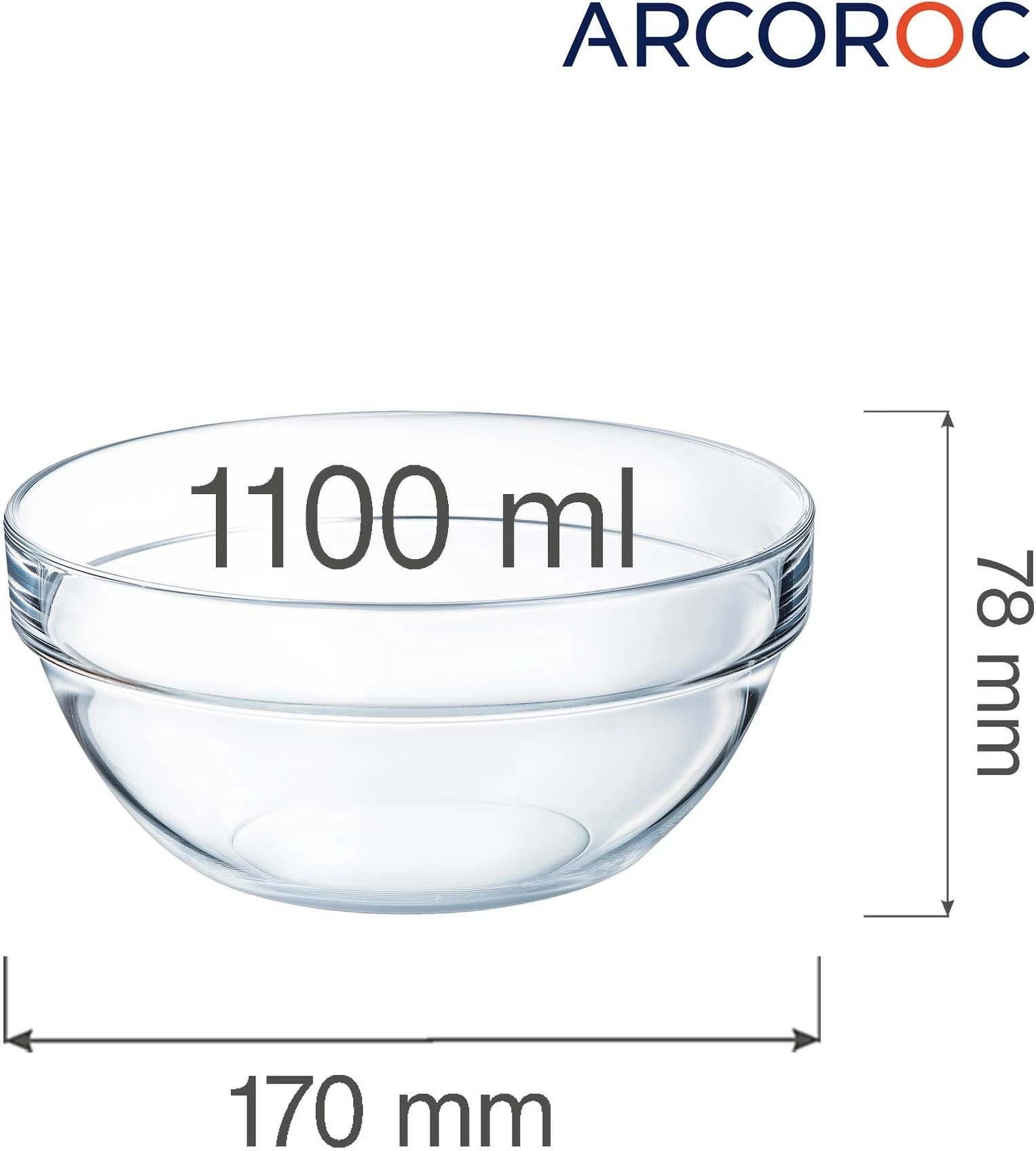 Tas sallate Arcoroc 1100 ml, qelq i temperuar, Ø170 mm, set 6 copë, transparent