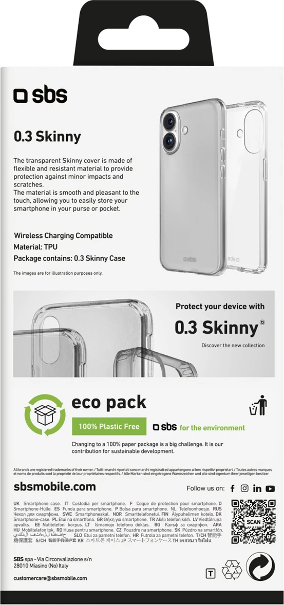 Mbështjellës për celular SBS Skinny Cover për iPhone 16, TPU, transparent