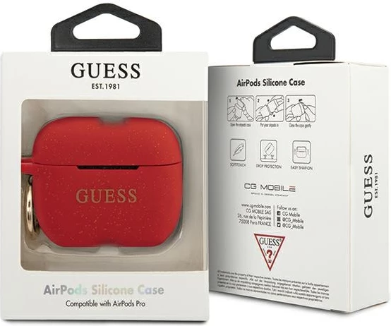 Mbështjellës silikoni Guess Silicone Glitter për Apple AirPods Pro, me unazë, i kuq
