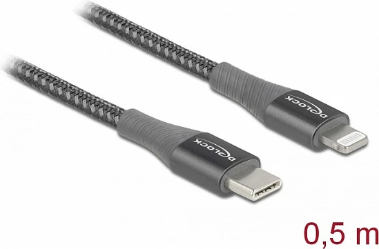 Kabl USB-C në Lightning DeLOCK 0.5m, MFi, 3A, gri