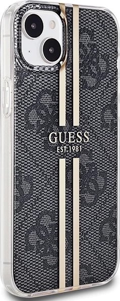 Mbështjellës Guess IML 4G Gold Stripe për iPhone 15 Plus / 14 Plus, i zi
