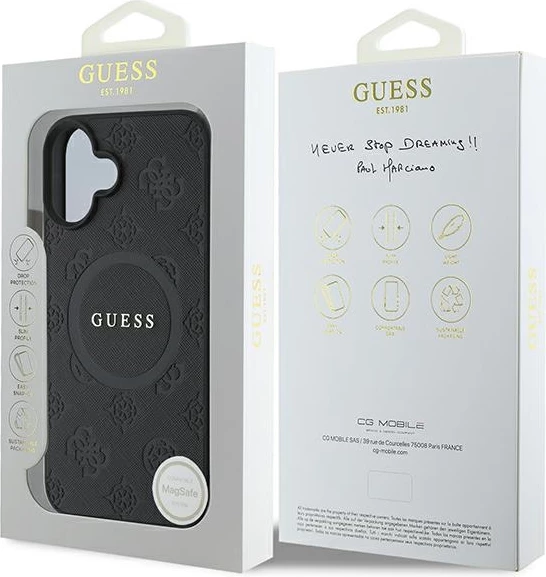 Mbështjellës Guess Saffiano Peony Classic Logo MagSafe për iPhone 16, i zi
