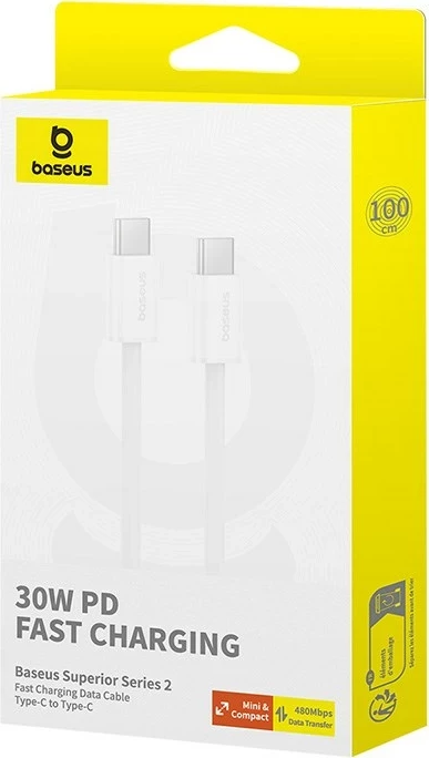 Kabllo USB C në USB C Baseus Superior, 1 m, 30 W, Bardhë