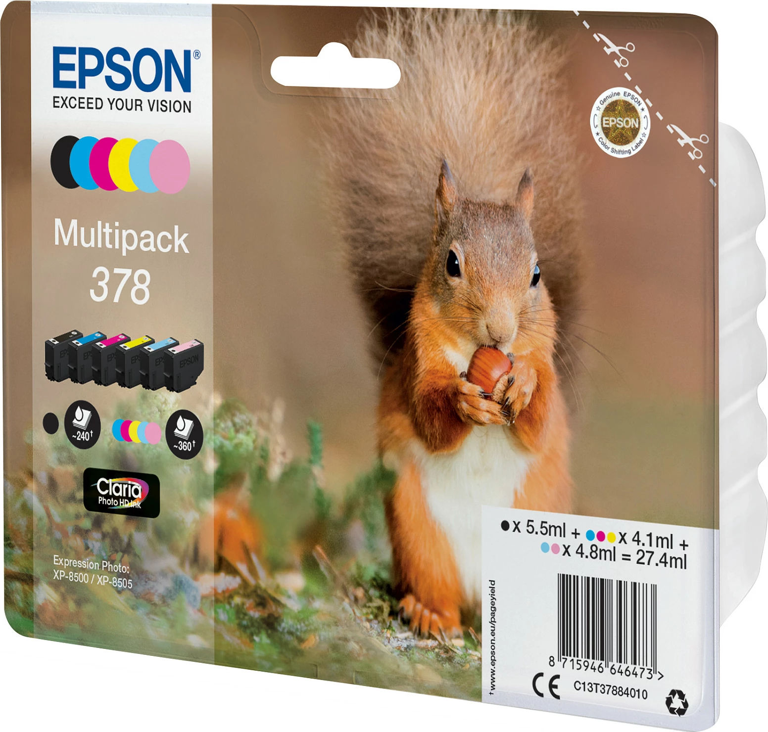 Kartrixhe boje Epson 378 Claria Photo HD, multipack 6 ngjyra, Standard Yield, për Expression Photo XP-8500/XP-8505 dhe XP-15000, shumëngjyrëshe
