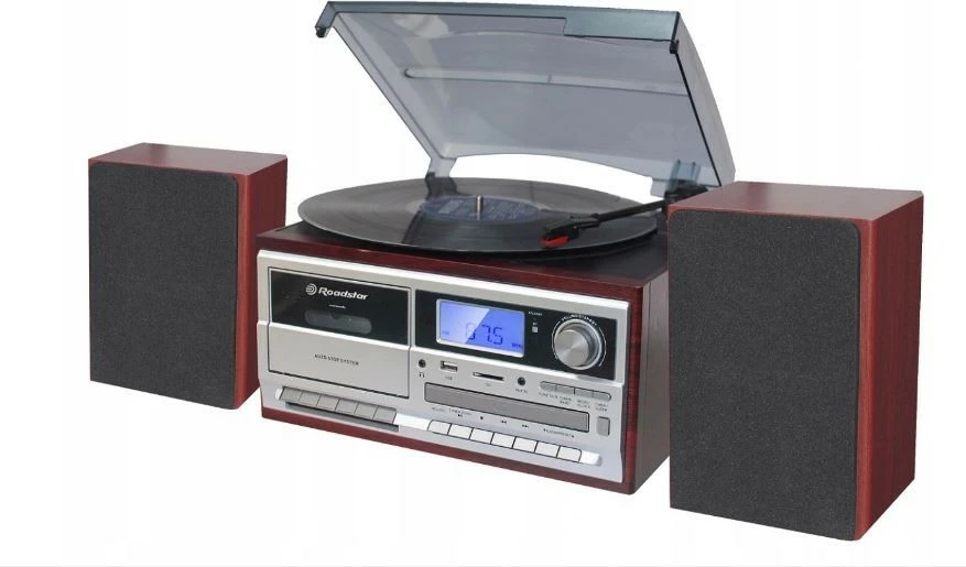 Gramafon Hi-Fi, Roadstar HIF-8892EBT, Bluetooth, CD/MP3, kasetofon, radio FM, USB/microSD, 33/45/78 RPM, Cherry, set me 2 altoparlantë
