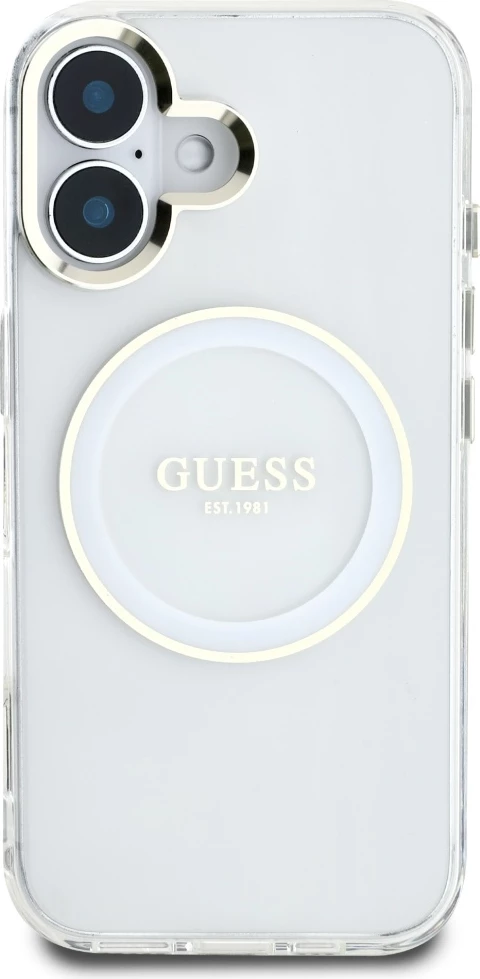 Mbështjellës Guess IML Metal Colored Circle Classic Logo MagSafe për iPhone 16, Bardhë