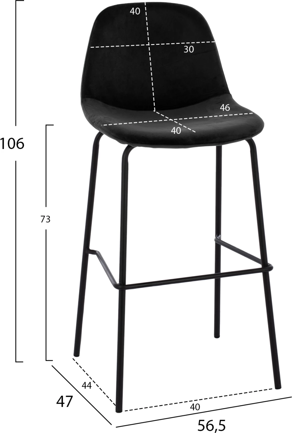 Karrige për bar VINCENT FH8579.14, kadife e zezë, kornizë metalike, 56.5x47x106 cm., set prej 4 copë