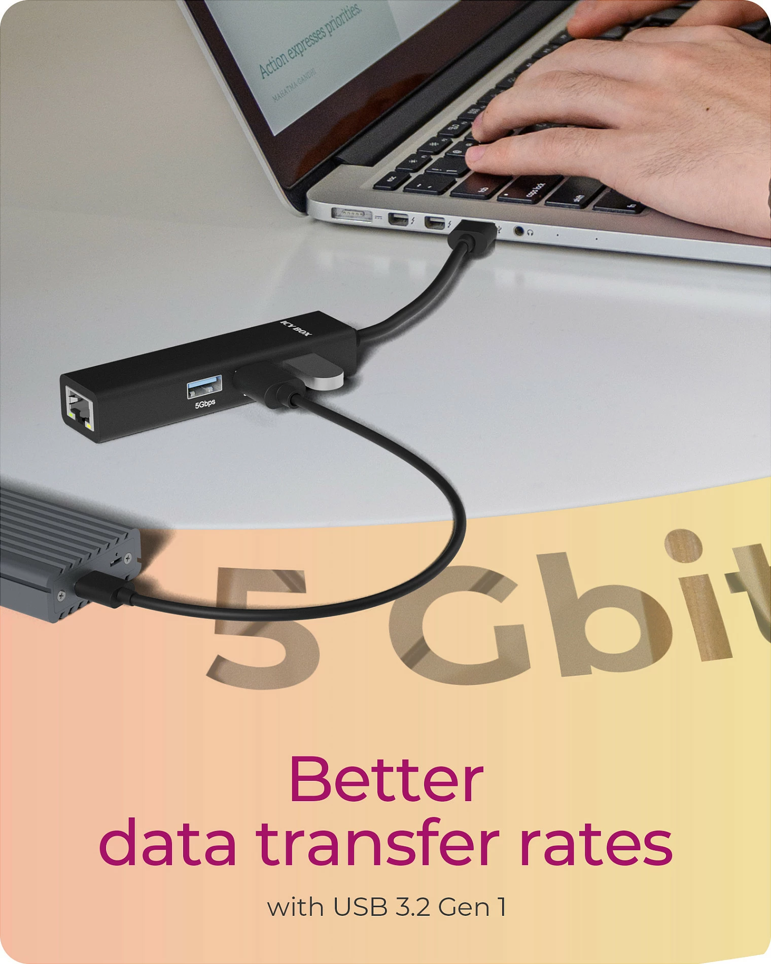USB Hub ICY BOX IB-HUB1439, 2x USB 3.2 Gen1 + LAN Gigabit, me adapter USB-C, i zi