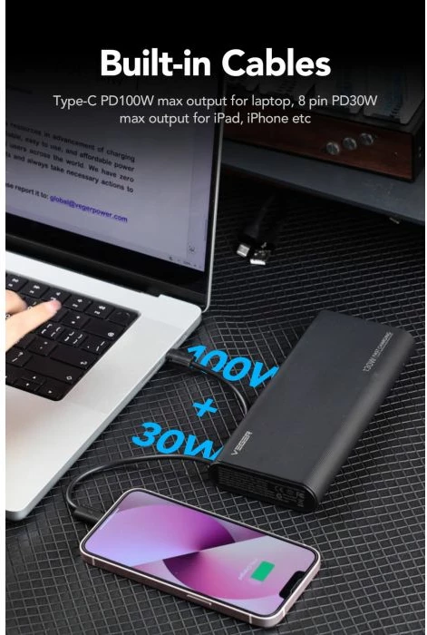 Powerbank VEGER TC130 25000mAh 130W me kabllo USB-C/Lightning, me ekran LCD, e zezë