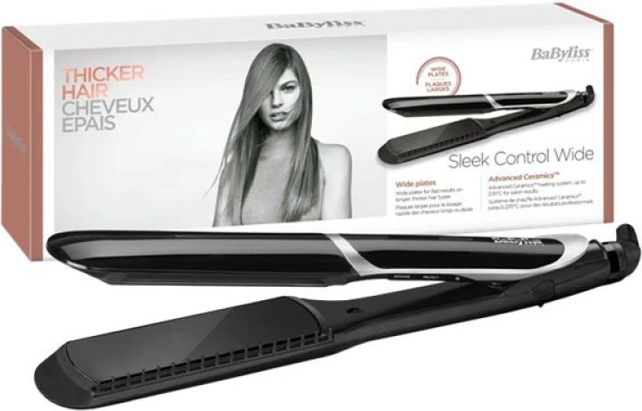 Hekur për flokë BaByliss Sleek Control Wide ST397E, 235°C, me pllaka ekstra të gjera, i zi