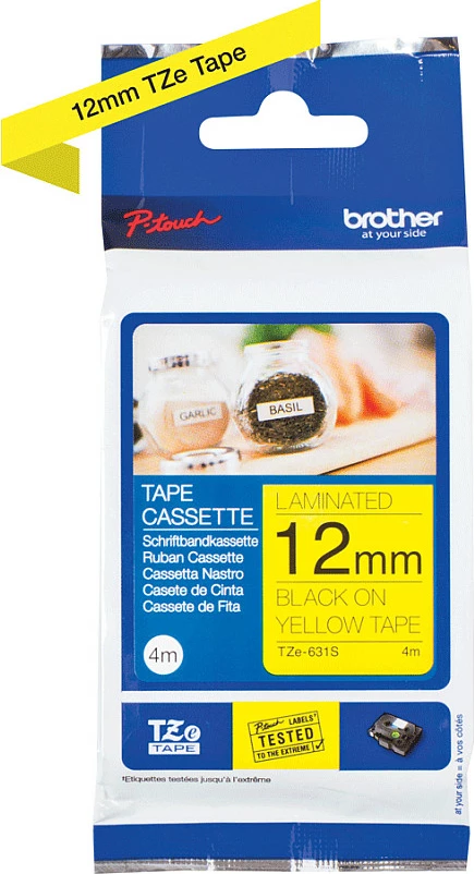 Shirit etikete Brother TZe-631S, 12mm x 4m, shkrim i zi në të verdhë