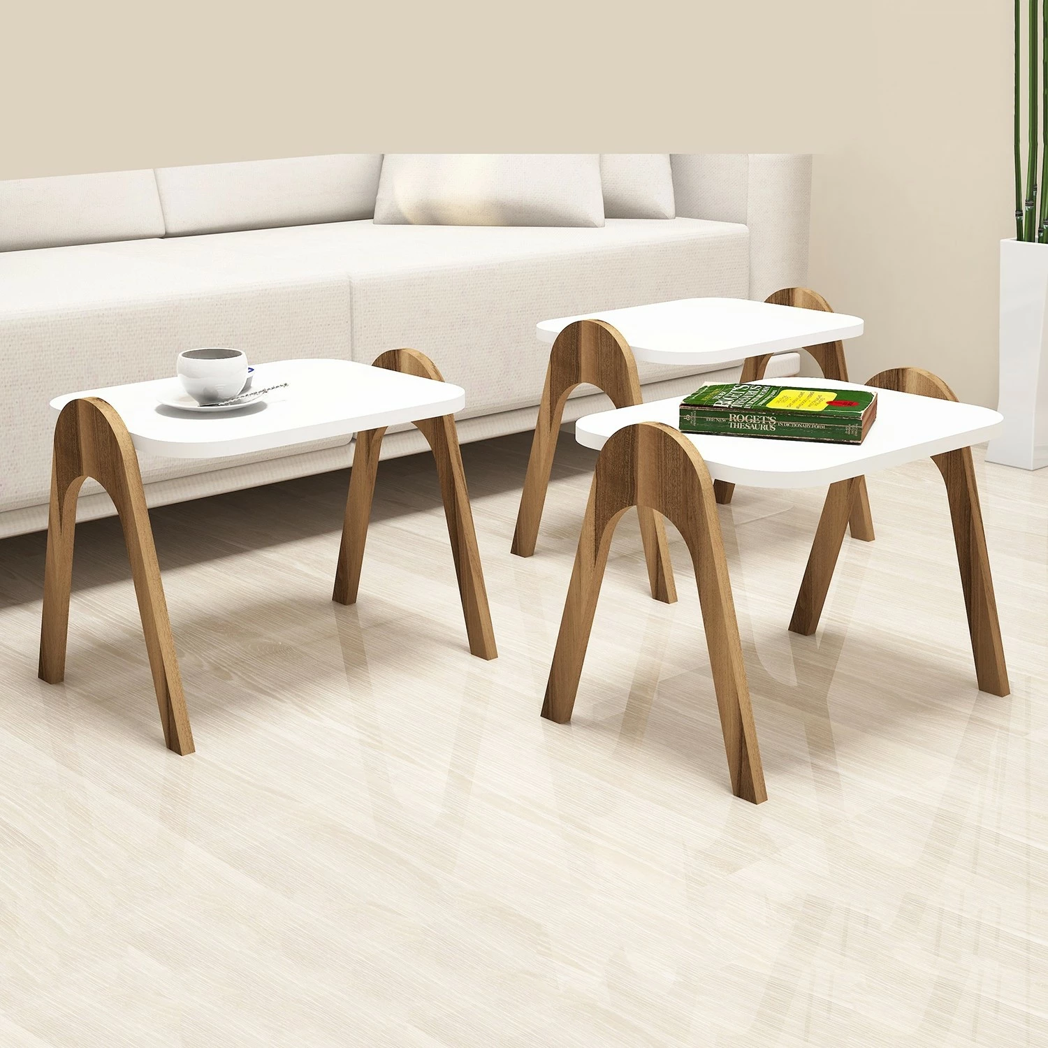 Set tavolinash ndihmëse (3 copë), Skye Decor, Paris, ngjyrë arre dhe e bardhë