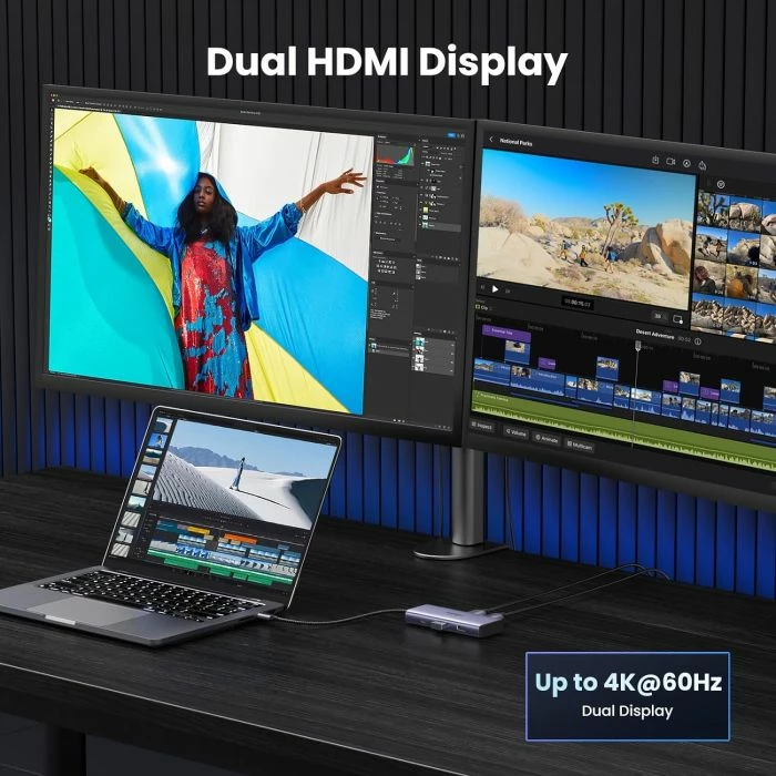 Hub USB-C UGREEN 15852 6-në-1, Dual HDMI 4K@60Hz, PD 100W, gri