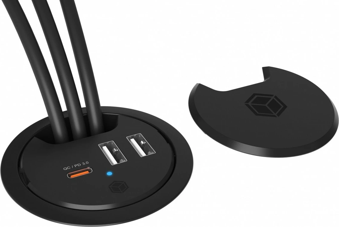 Karikues tavoline IcyBox IB-HUB1407 me 3 porta USB, 2x USB-A, 1x USB-C, 60mm, Zi