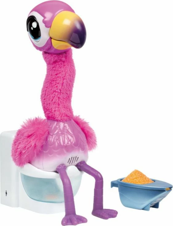 Lodër interaktive flamingo Cobi Little Live Pets 26222, me tinguj dhe përsëritje zëri, 3x AA, rozë, set me tualet + ushqim + lopatë