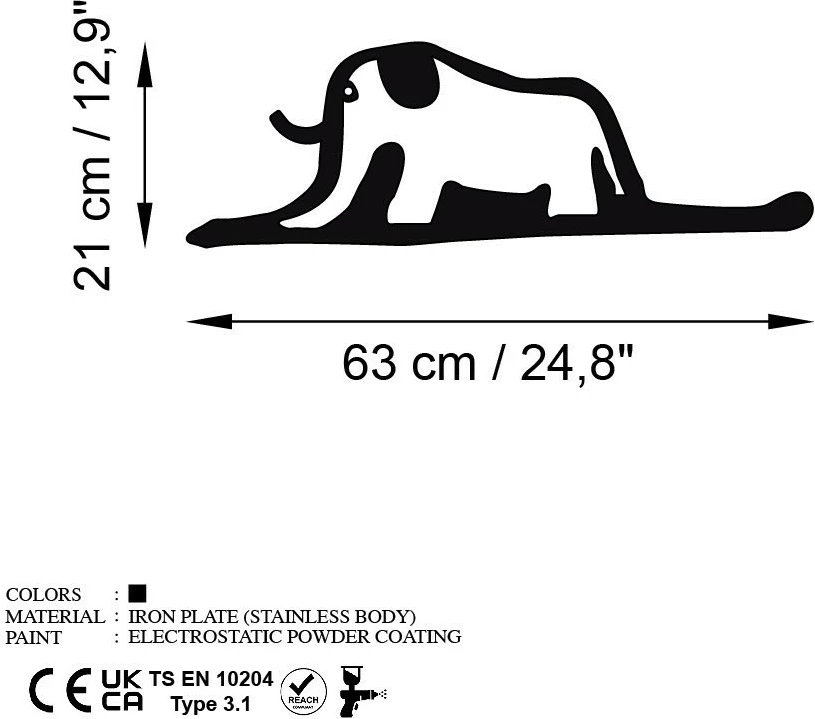 Aksesor dekorativ metalik për mur, elefant, Wallity, 63x21cm