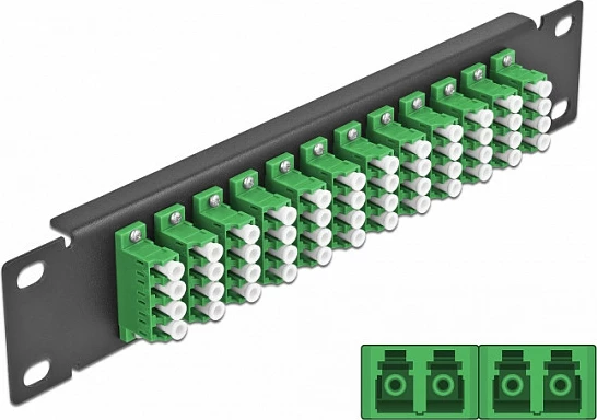 Patch panel fiber optik DeLOCK 10", 12 porte LC Quad, 1U, montim në rack, zi/jeshile