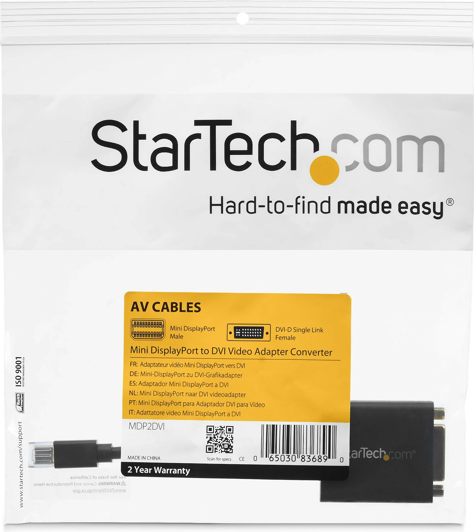 Adapter StarTech MDP2DVI Mini DisplayPort në DVI, 0.13 m, 1080p, i zi