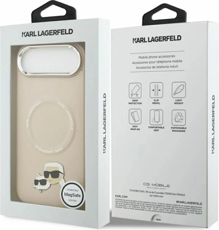 Kapak telefoni Karl Lagerfeld Karl & Choupette Pins MagSafe për iPhone Air, bezhë