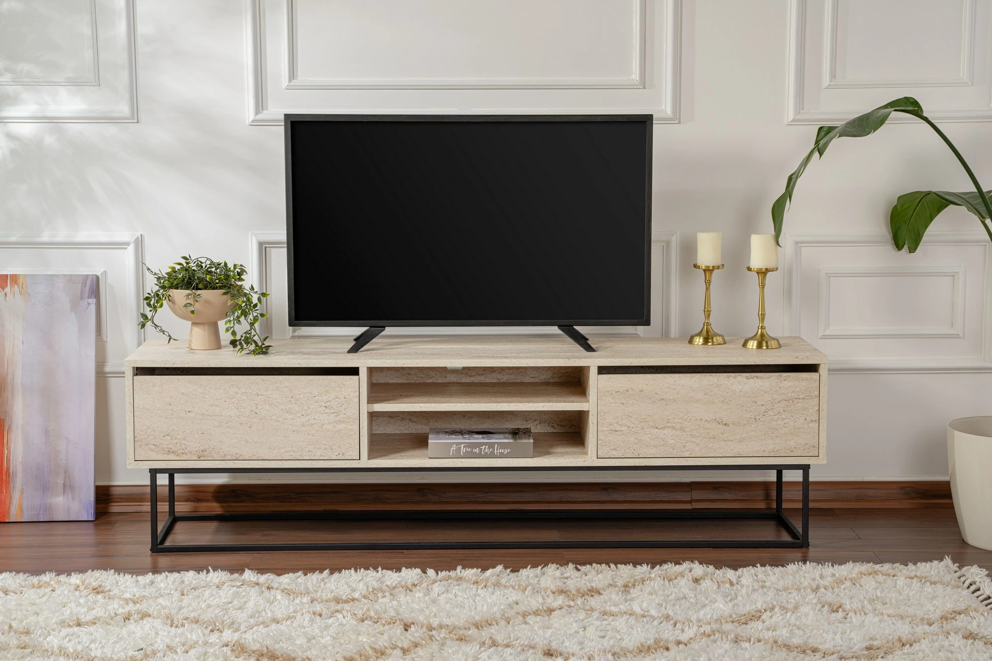 Komodë TV Hanah Home Escape 180, ngjyrë e zezë, travertin