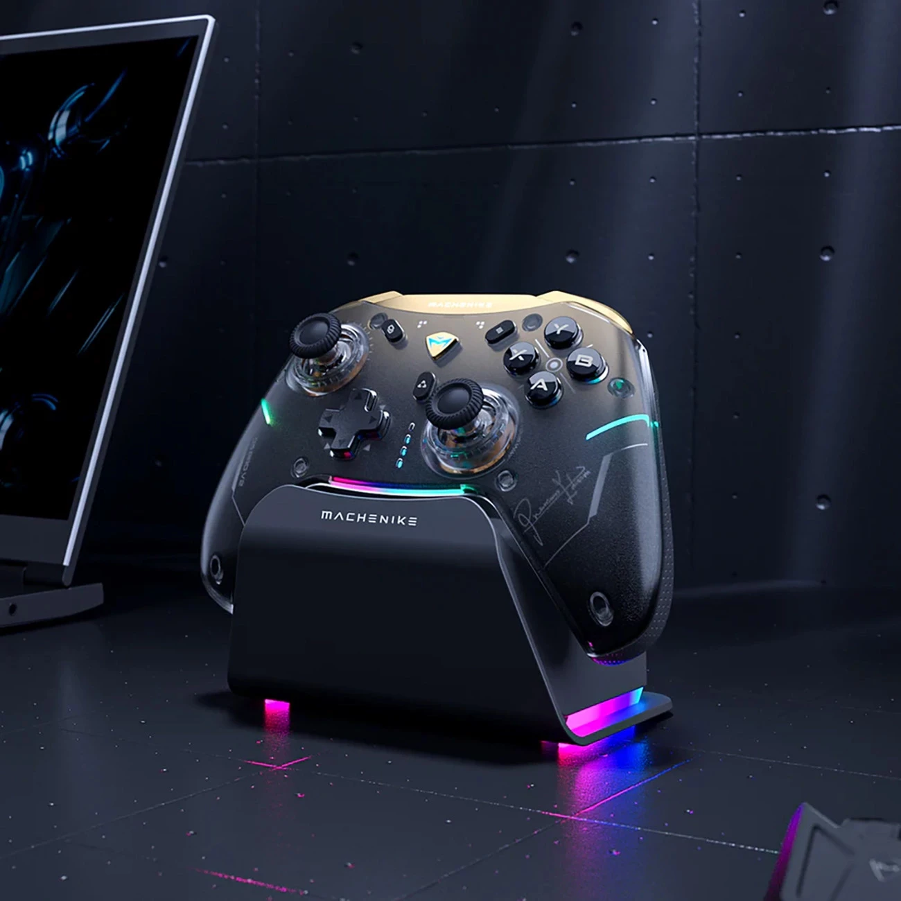 Kontroller lojërash wireless Machenike G5Pro Premium Edition, 2.4GHz/Bluetooth/USB, bateri 600mAh, me stacion karikimi RGB, i zi/ari