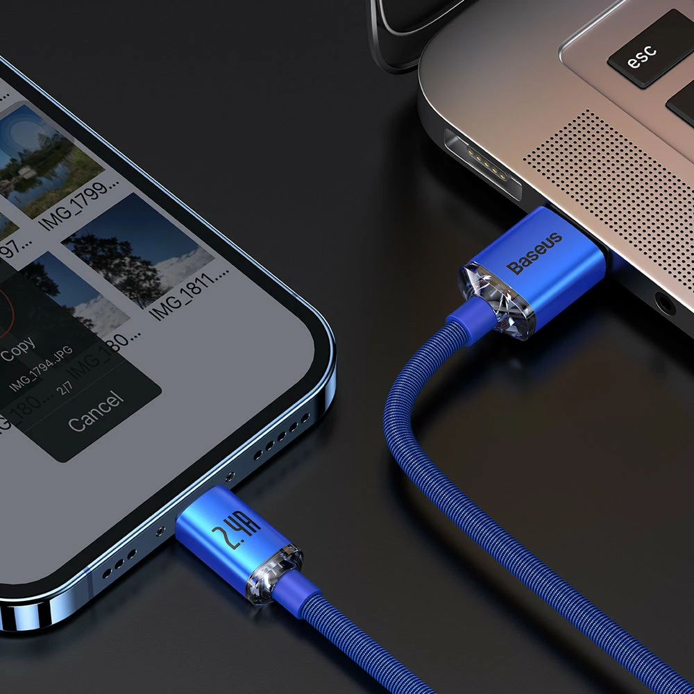 Kabllo Baseus Crystal Shine, USB-A në Lightning, 1.2m, 2.4A, Kaltër