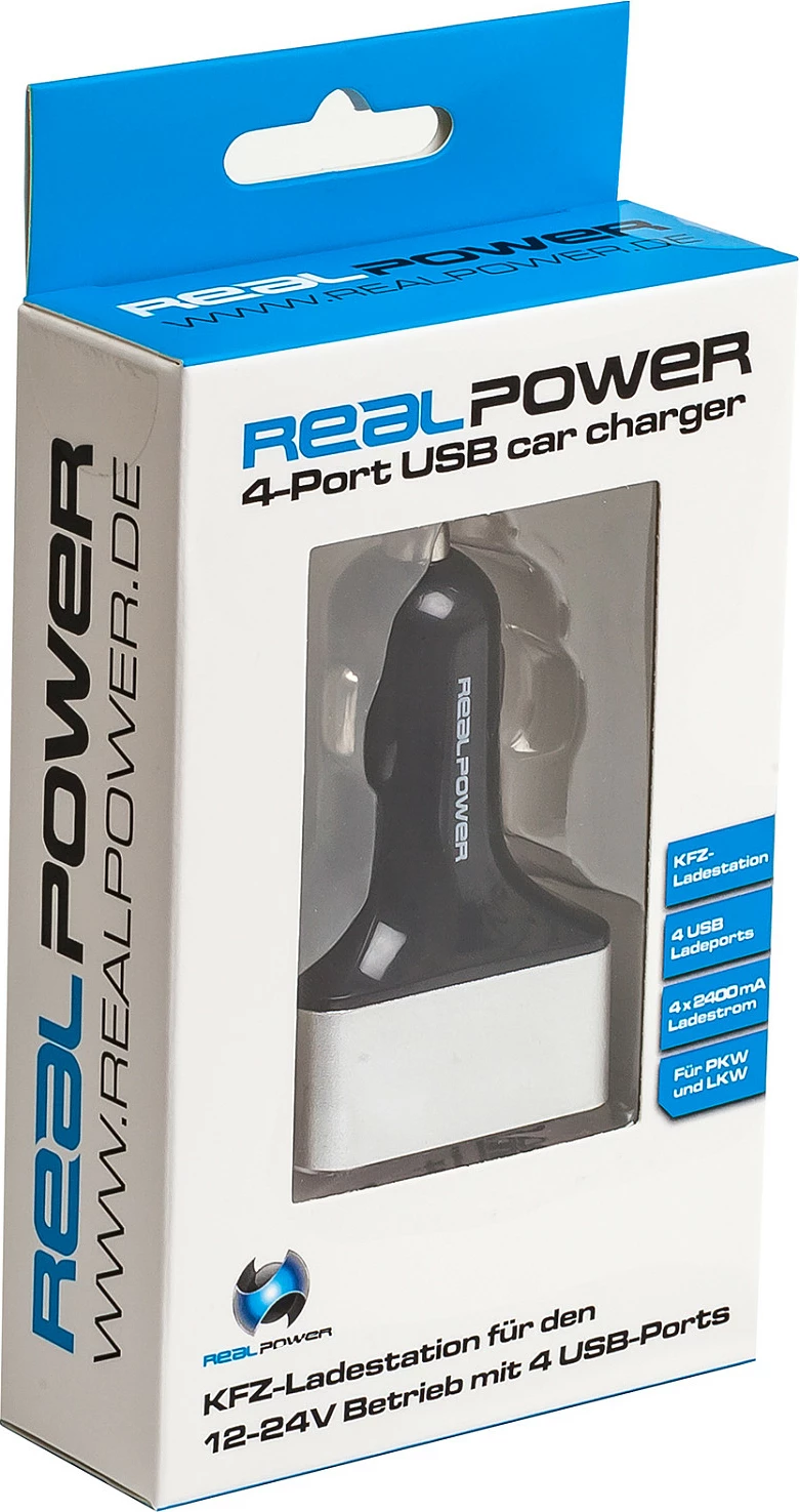 Karikues veture RealPower 176636, 4x USB, 2.4A, i zi/argjendtë