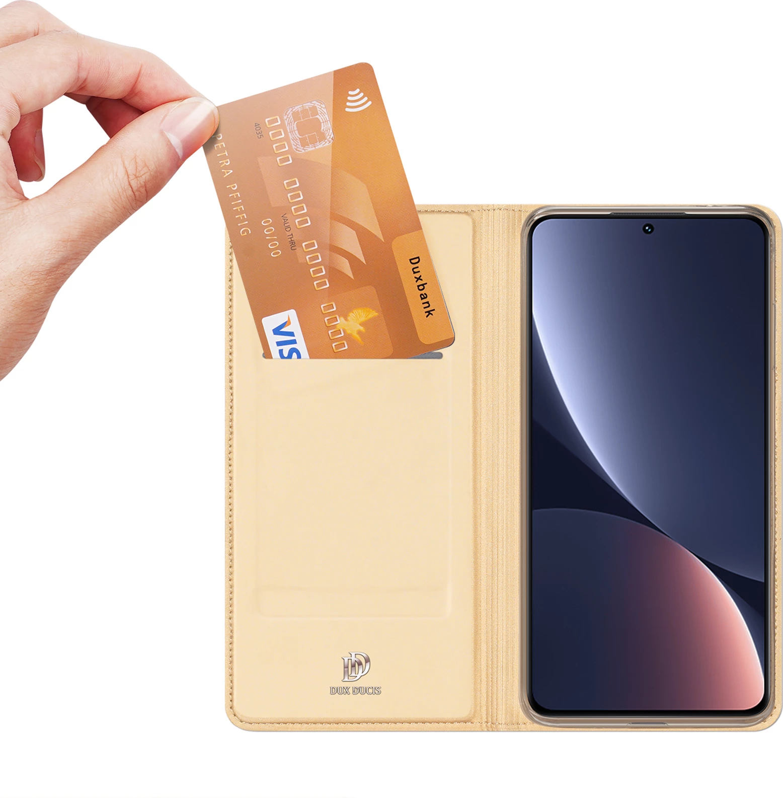 Mbështjellës Dux Ducis Skin Pro për Xiaomi 13, me kapak, xhep për kartelë, funksion stand, ari