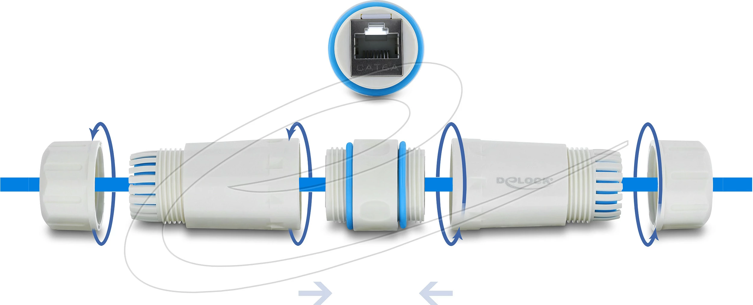Bashkues kablli Ethernet DeLOCK RJ45 Cat6A, IP68, me fije M23.5x1.5, i bardhë