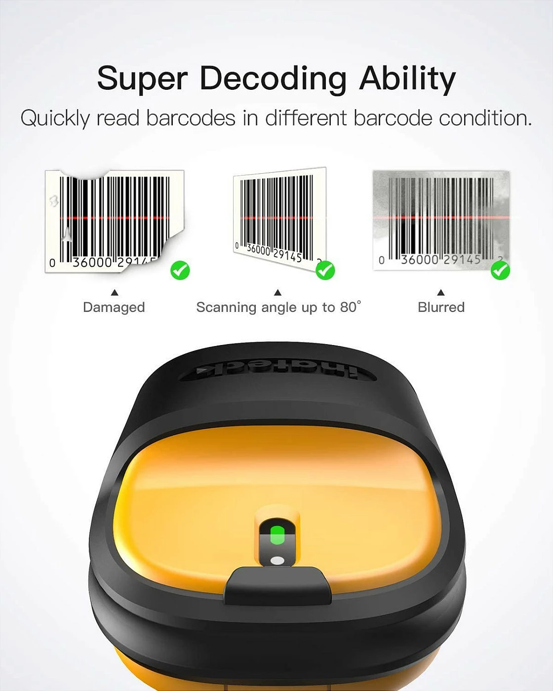 Skener barkodi Inateck P6, 1D laser, wireless/USB, 2600mAh, zi/verdhe