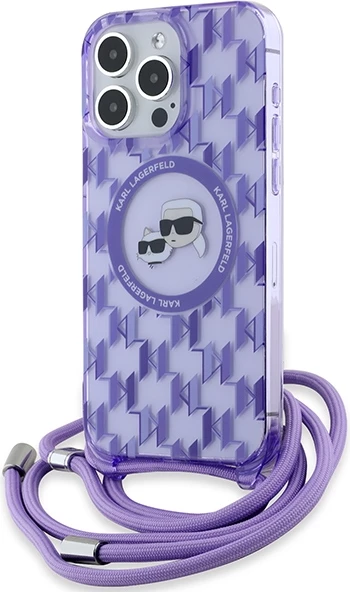 Mbështjellës Karl Lagerfeld IML Crossbody Monogram Karl & Choupette Head MagSafe për iPhone 15 Pro Max, Vjollcë