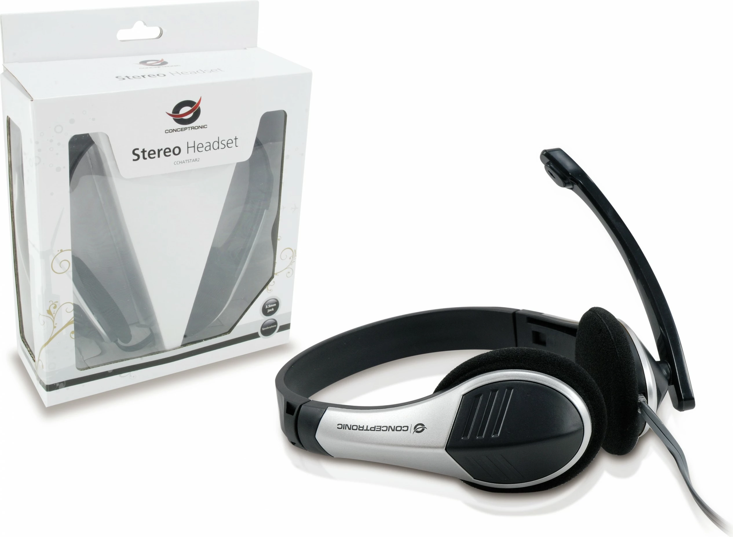 Kufje Conceptronic Headset USB, mikrofon, stereo, 2m, zi/argjendtë