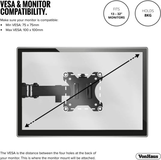 Mbajtëse monitori desktop VONHAUS 3005115 13-32\", VESA 75x75/100x100, ngarkesë deri 8kg, e zezë