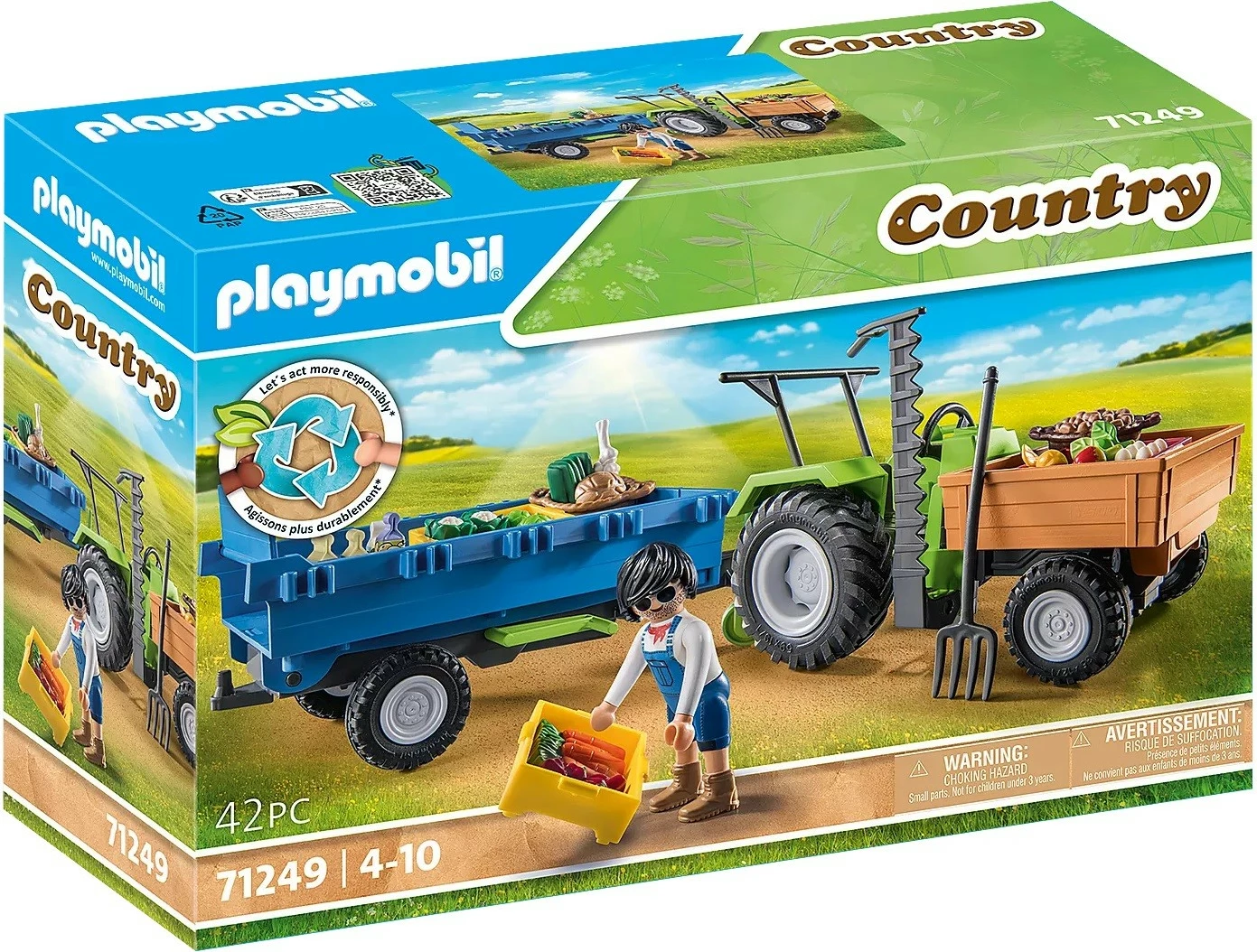 Set lodrash Playmobil Country 71249, traktor me rimorkio dhe aksesorë, 42 pjesë