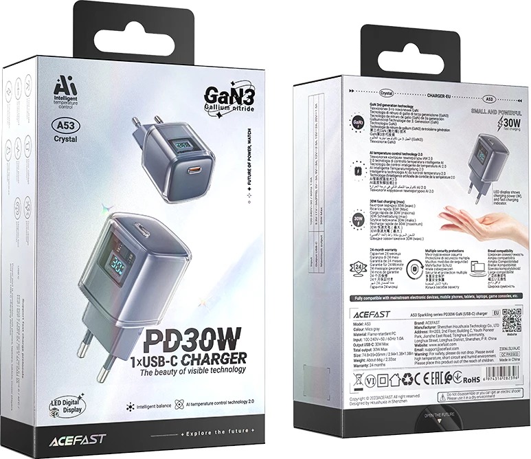 Karikues muri Acefast A53, 30W, USB-C, me ekran LED, Gri