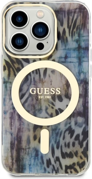 Mbështjellës Guess Leopard MagSafe për iPhone 14 Pro 6.1", Blu