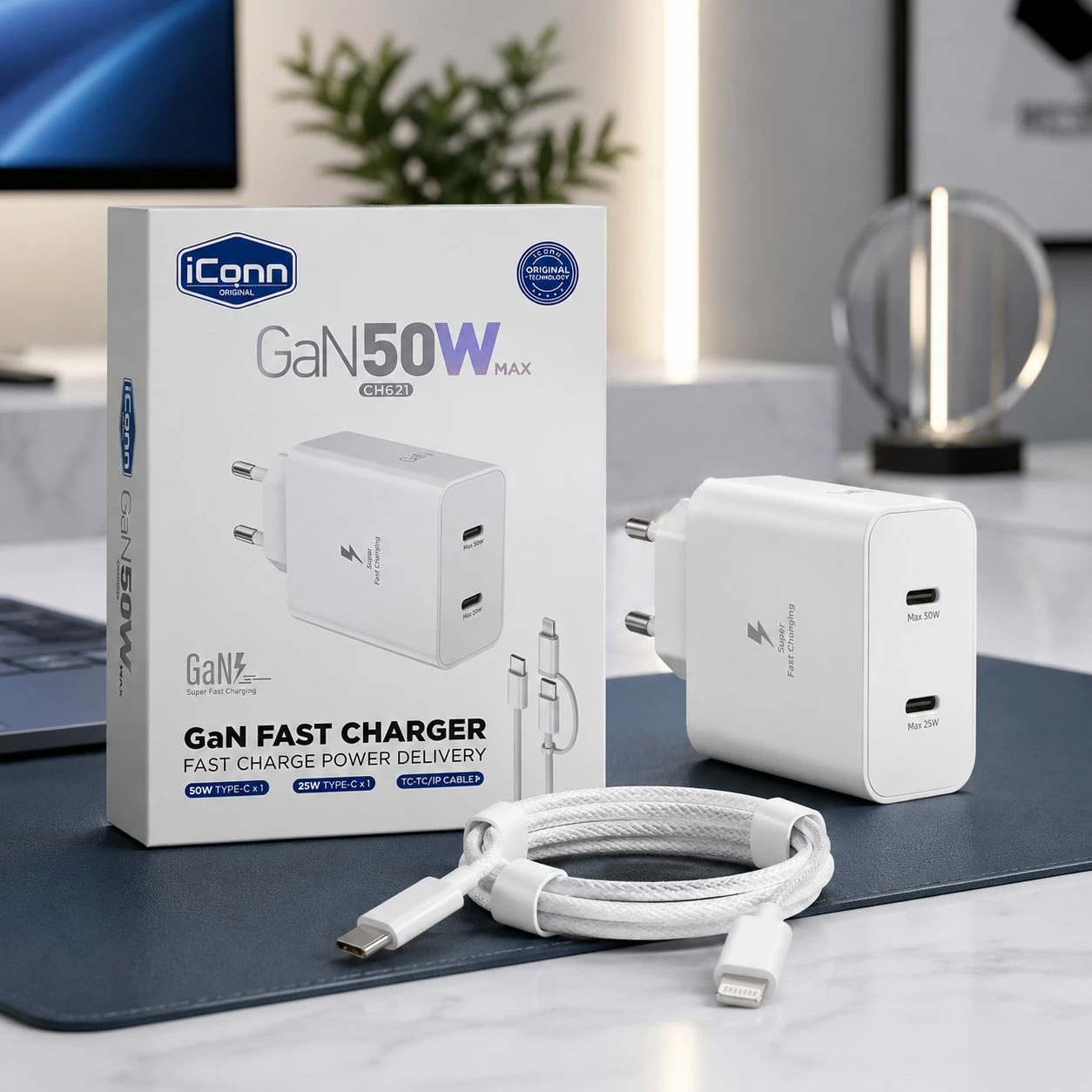 Karikues iConn CH621 GaN 50W me USB-C dhe USB-A