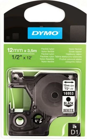 Shirit etiketime, Dymo, 16957 S0718040 Flexibles Nylonband, përshtatshëm për sipërfaqe të vështira, bardh e zi