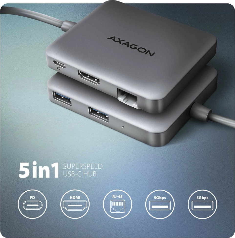 Multiport USB-C hub AXAGON HMC-5HL, 5 porte, HDMI 4K/60Hz, GLAN, Power Delivery 100W, Gri