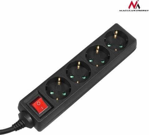 Zgjatues rryme Maclean MCE196, 4 prizë Schuko Type F, kabllo 3 m, 3500 W, me ndërprerës, i zi